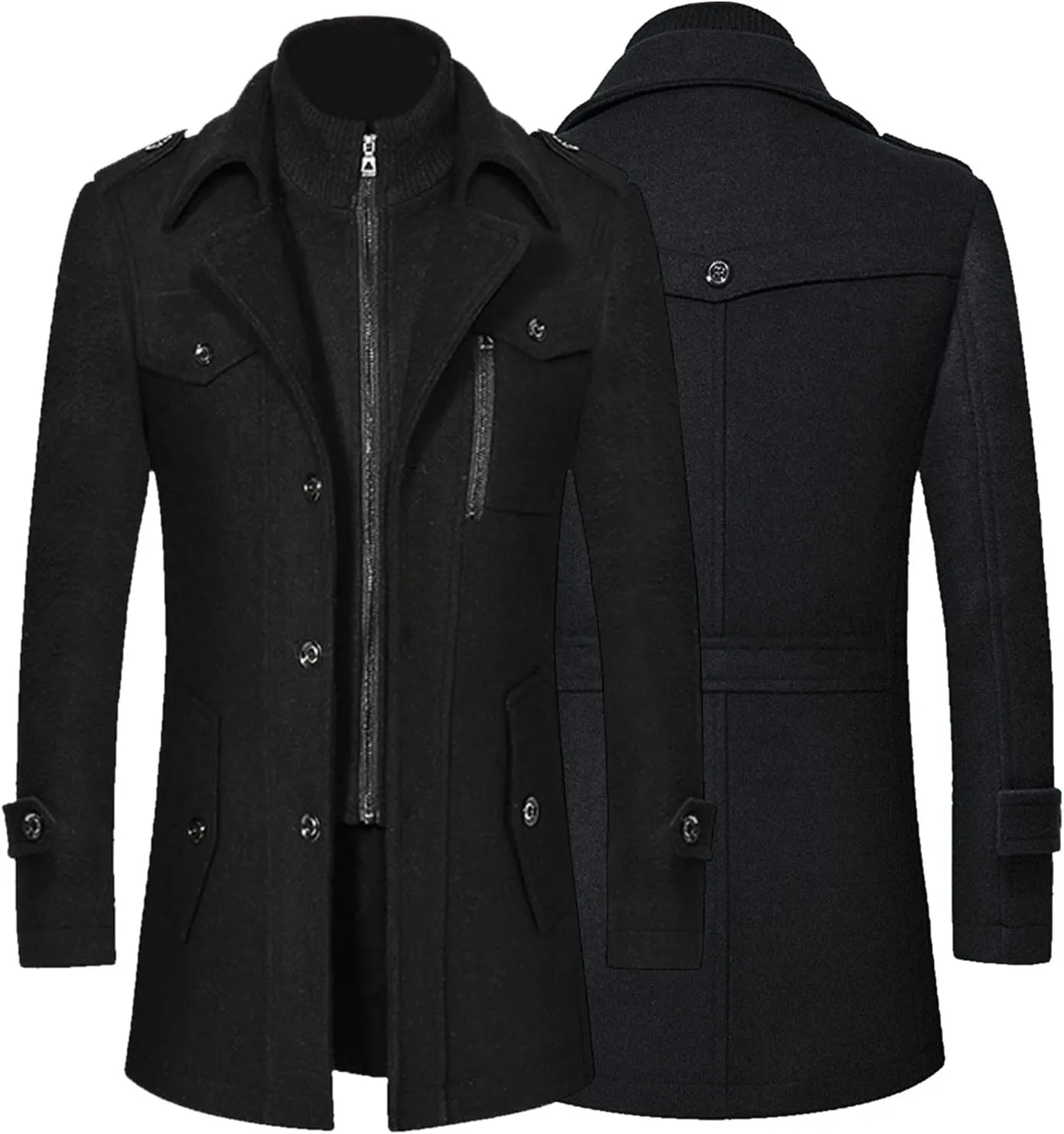 Men's Autumn and Winter Coats Double- Woolen Coat Thickened Mid-Length Woolen Zipper Trench Coats Anorak Windbreaker Men (Black, M)