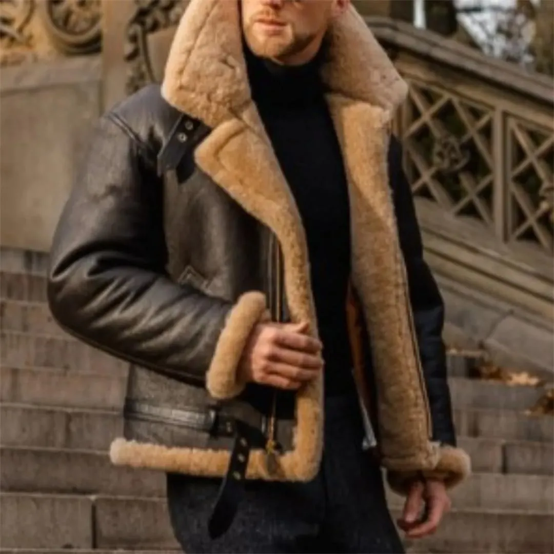 Men's Autumn Winter Faux Leather Zipper Fleece Jacket Thickened Casual Warm Outerwear Coat