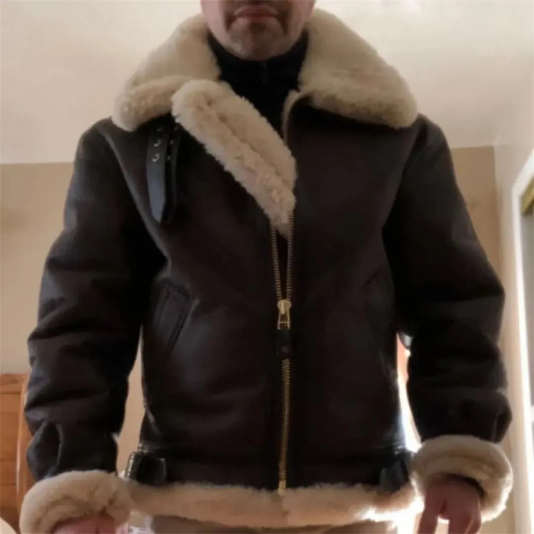 Men's Autumn Winter Faux Leather Zipper Fleece Jacket Thickened Casual Warm Outerwear Coat