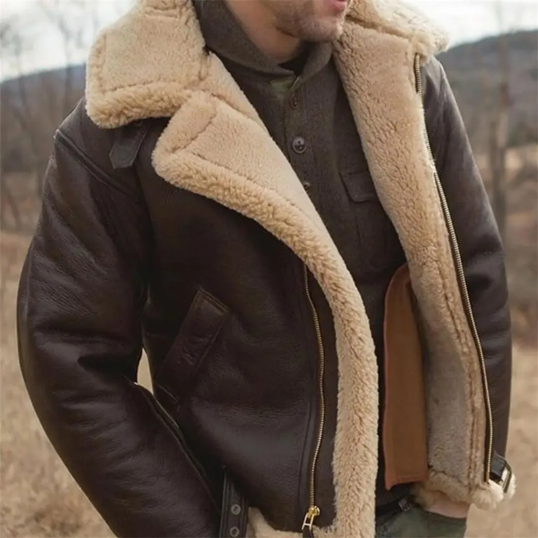 Men's Autumn Winter Faux Leather Zipper Fleece Jacket Thickened Casual Warm Outerwear Coat