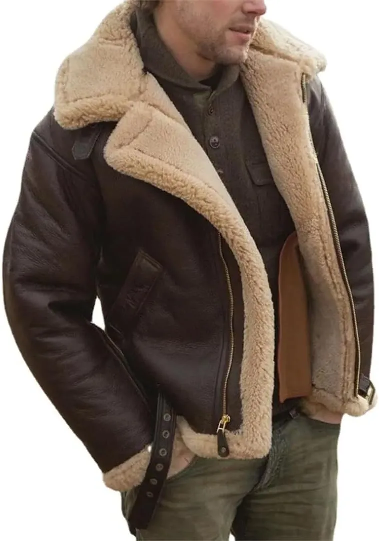 Men's Autumn Winter Faux Leather Zipper Fleece Jacket Thickened Casual Warm Outerwear Coat