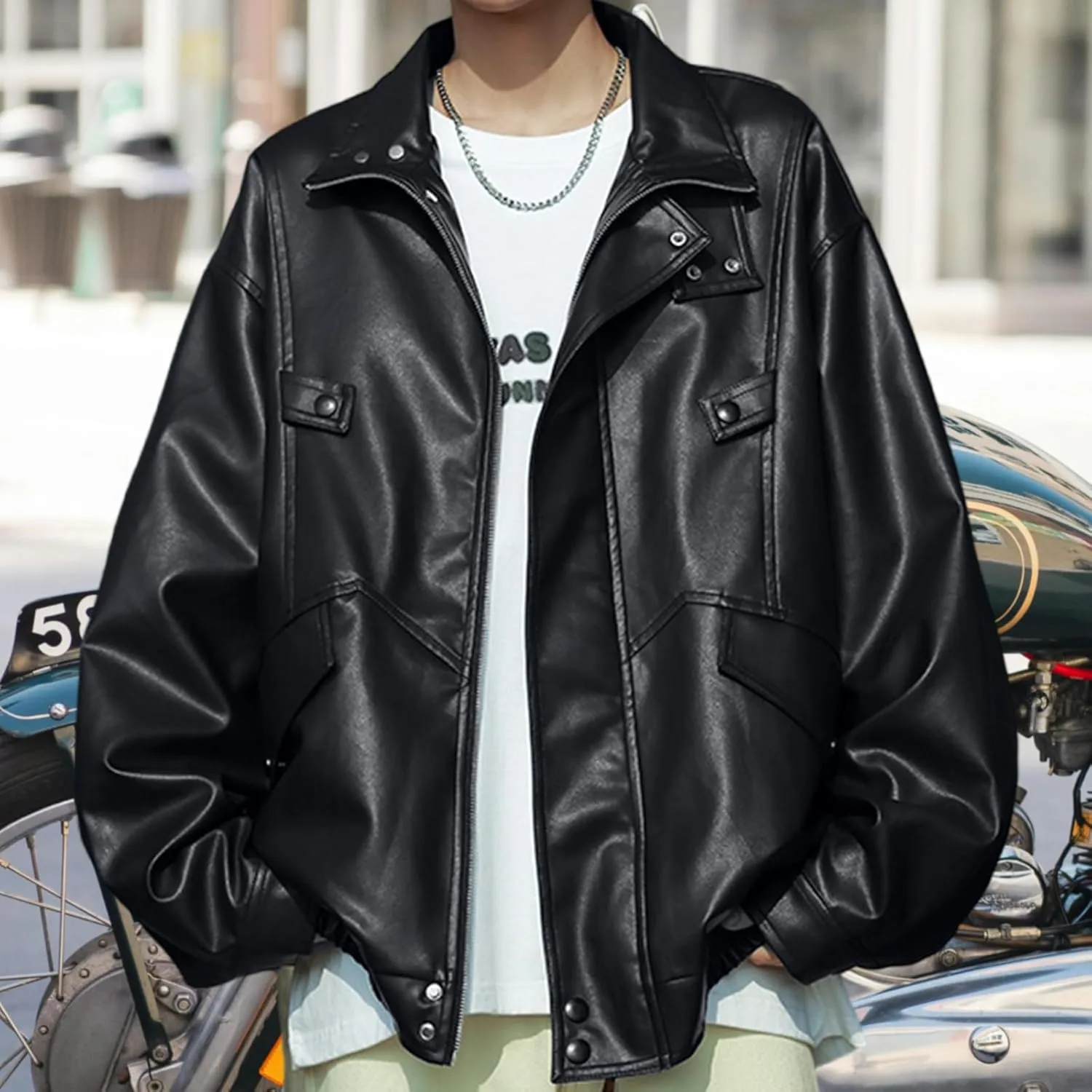 Mens Faux Leather Jacket Full-Zip Stand Collar Outerwear Lightweight Motorcycle Jacket