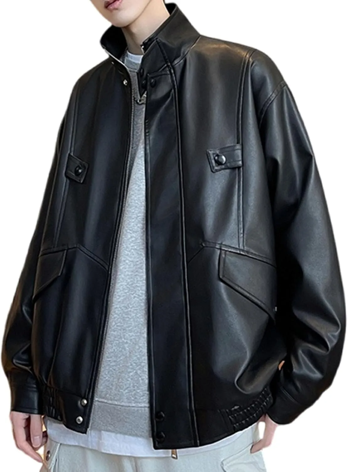 Mens Faux Leather Jacket Full-Zip Stand Collar Outerwear Lightweight Motorcycle Jacket