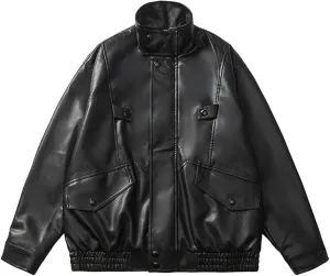 Mens Faux Leather Jacket Full-Zip Stand Collar Outerwear Lightweight Motorcycle Jacket