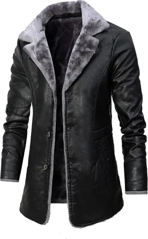 Men's Faux Leather Jacket Thick Faux Fur Shearling Lapel Collar Botton Down Long Trench Coats Black Brown