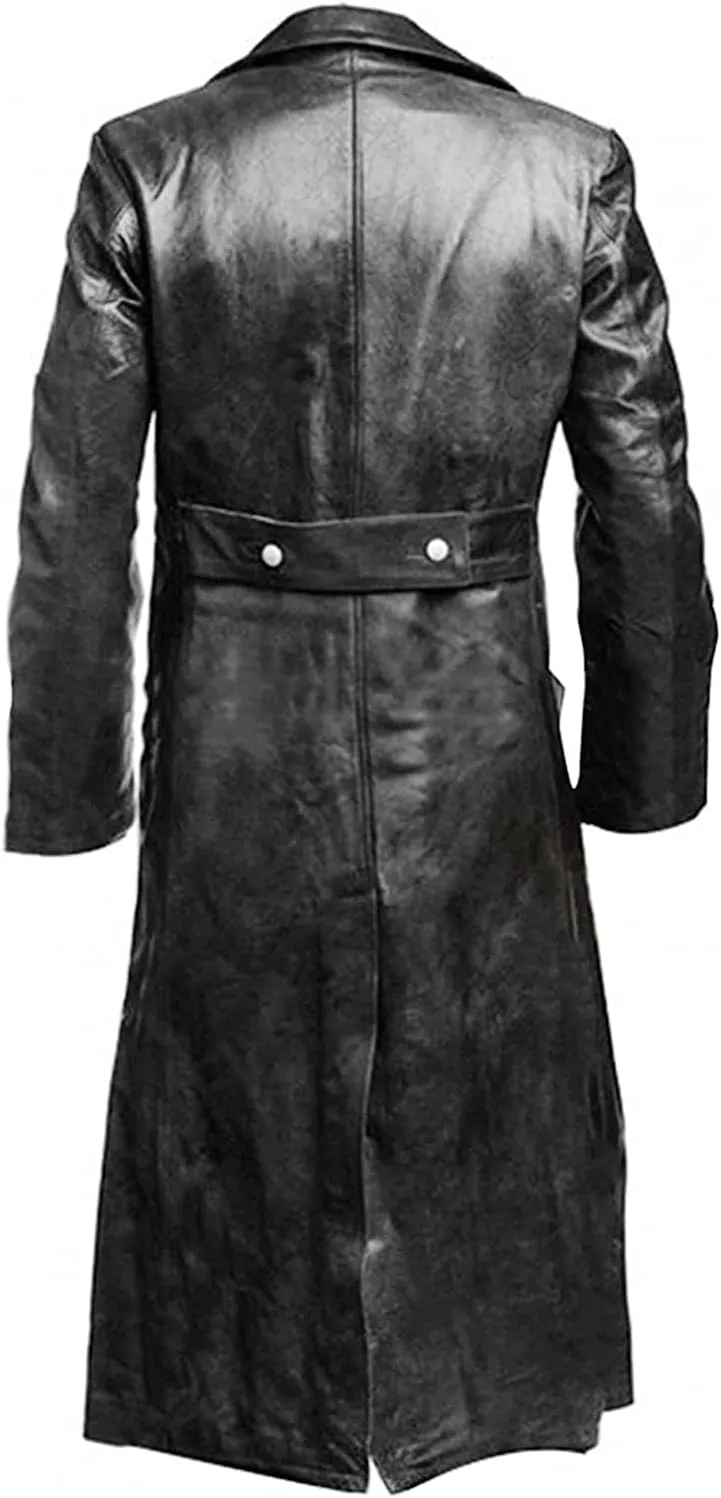 Mens German Classic Officer WW2 Vintage Military Uniform Black Leather Trench Long Coat for Men