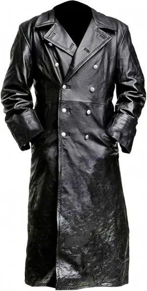 Mens German Classic Officer WW2 Vintage Military Uniform Black Leather Trench Long Coat for Men