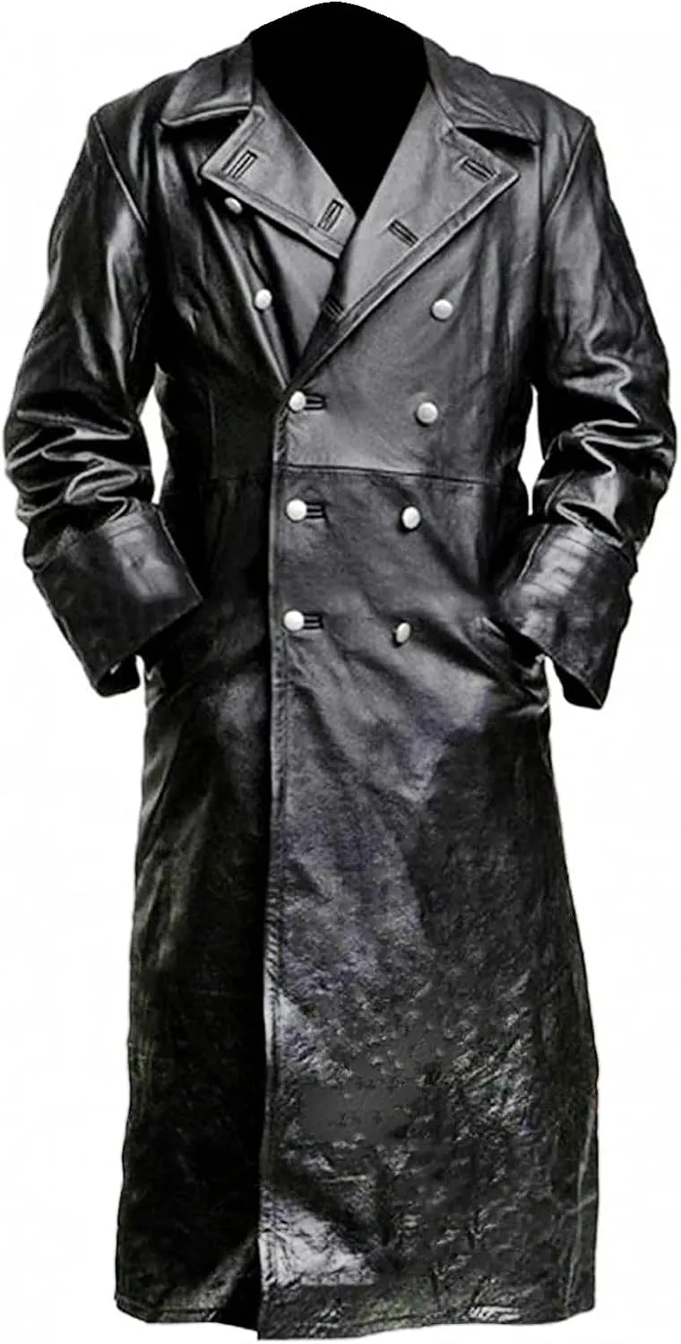 Mens German Classic Officer WW2 Vintage Military Uniform Black Leather Trench Long Coat for Men