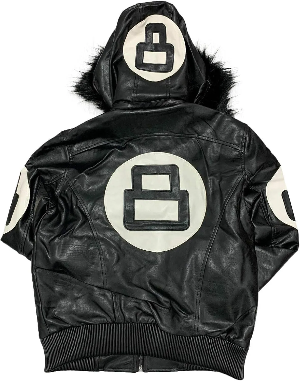 Men's Hifa Authentic 8 Ball Logo Pool Billiard Cue Bomber 90's Retro PU Faux Leather Jacket With Fur Hood