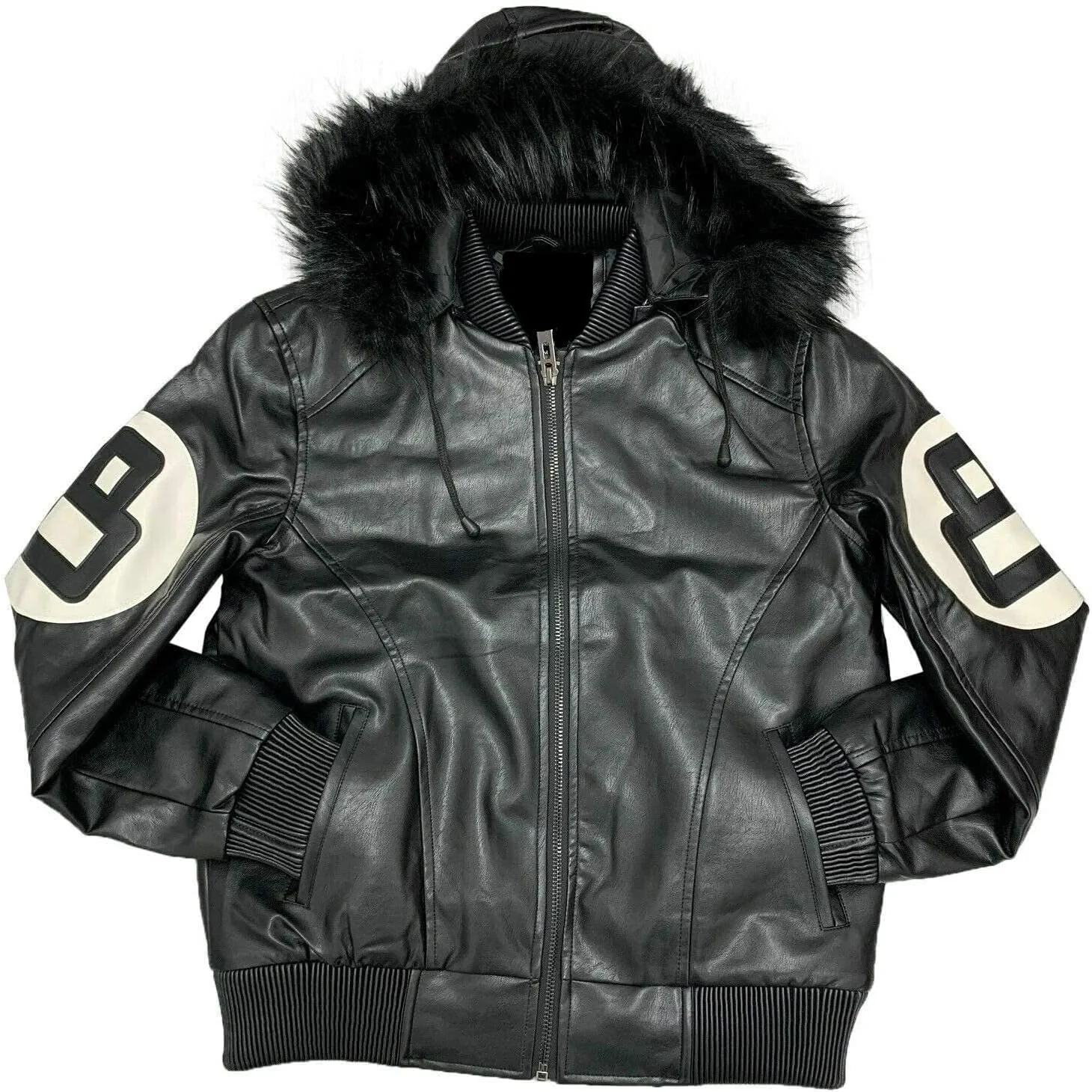 Men's Hifa Authentic 8 Ball Logo Pool Billiard Cue Bomber 90's Retro PU Faux Leather Jacket With Fur Hood