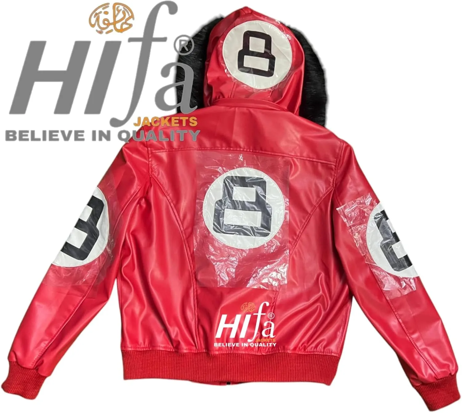 Men's Hifa Authentic 8 Ball Logo Pool Billiard Cue Bomber 90's Retro PU Faux Leather Jacket With Fur Hood
