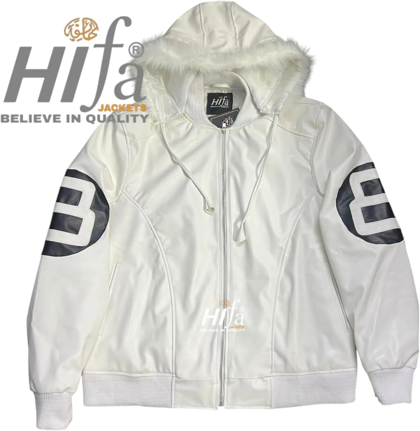 Men's Hifa Authentic 8 Ball Logo Pool Billiard Cue Bomber 90's Retro PU Faux Leather Jacket With Fur Hood