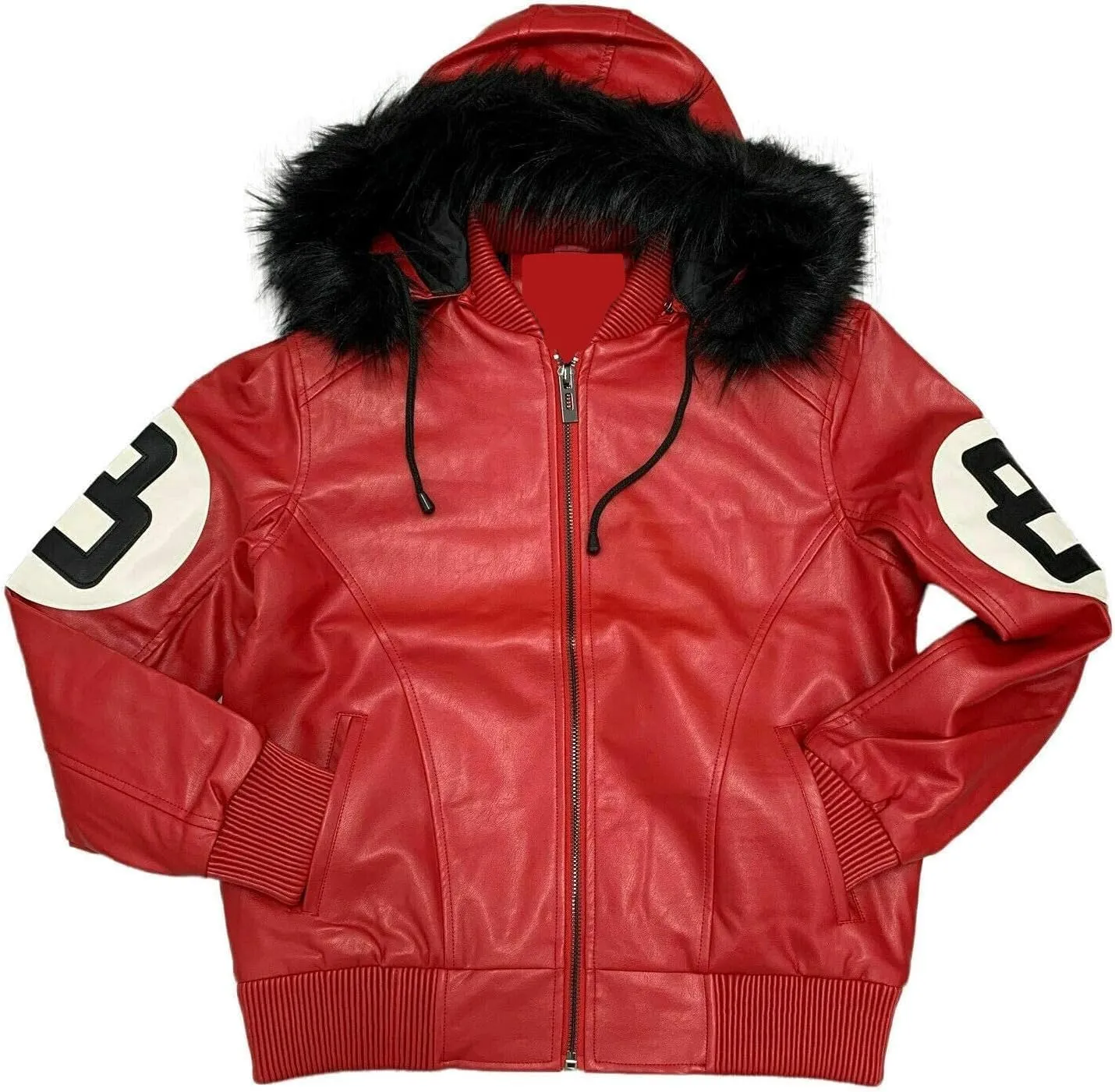 Men's Hifa Authentic 8 Ball Logo Pool Billiard Cue Bomber 90's Retro PU Faux Leather Jacket With Fur Hood