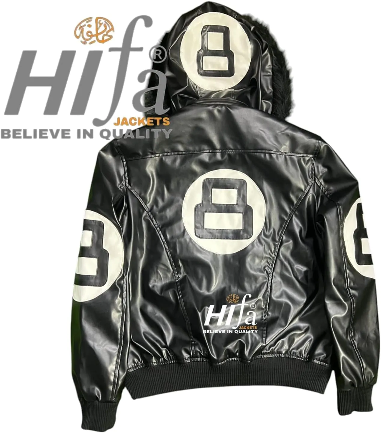 Men's Hifa Authentic 8 Ball Logo Pool Billiard Cue Bomber 90's Retro PU Faux Leather Jacket With Fur Hood