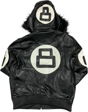 Men's Hifa Authentic 8 Ball Logo Pool Billiard Cue Bomber 90's Retro PU Faux Leather Jacket With Fur Hood