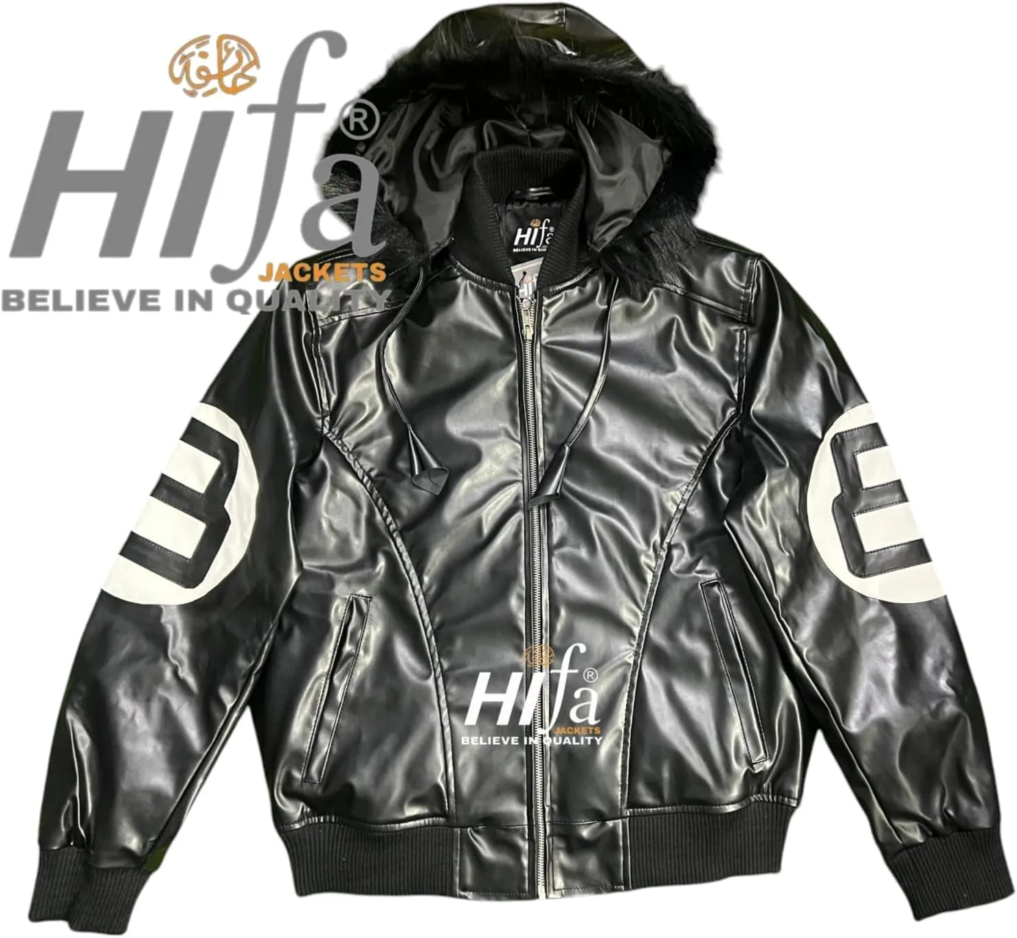 Men's Hifa Authentic 8 Ball Logo Pool Billiard Cue Bomber 90's Retro PU Faux Leather Jacket With Fur Hood