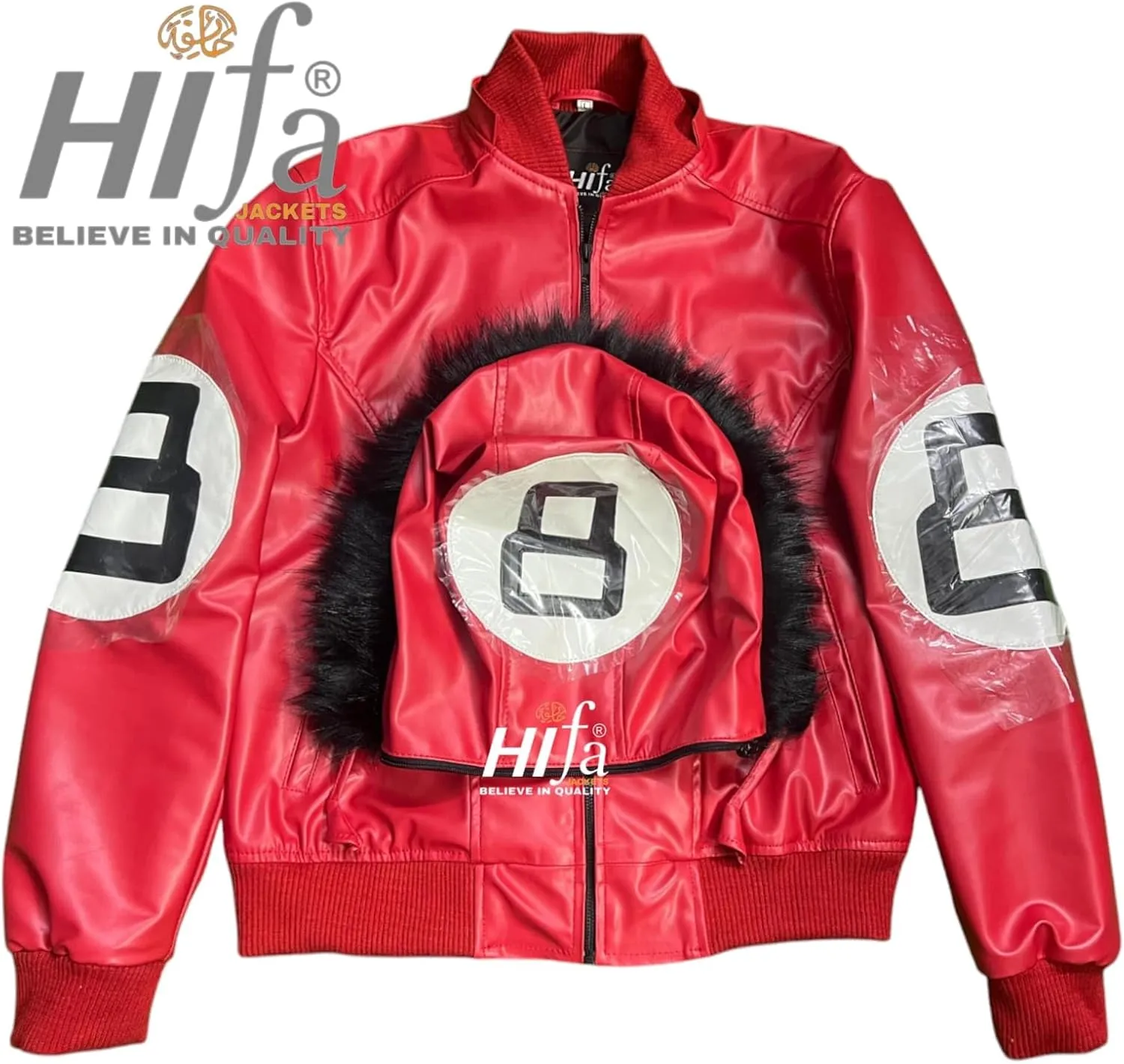 Men's Hifa Authentic 8 Ball Logo Pool Billiard Cue Bomber 90's Retro PU Faux Leather Jacket With Fur Hood