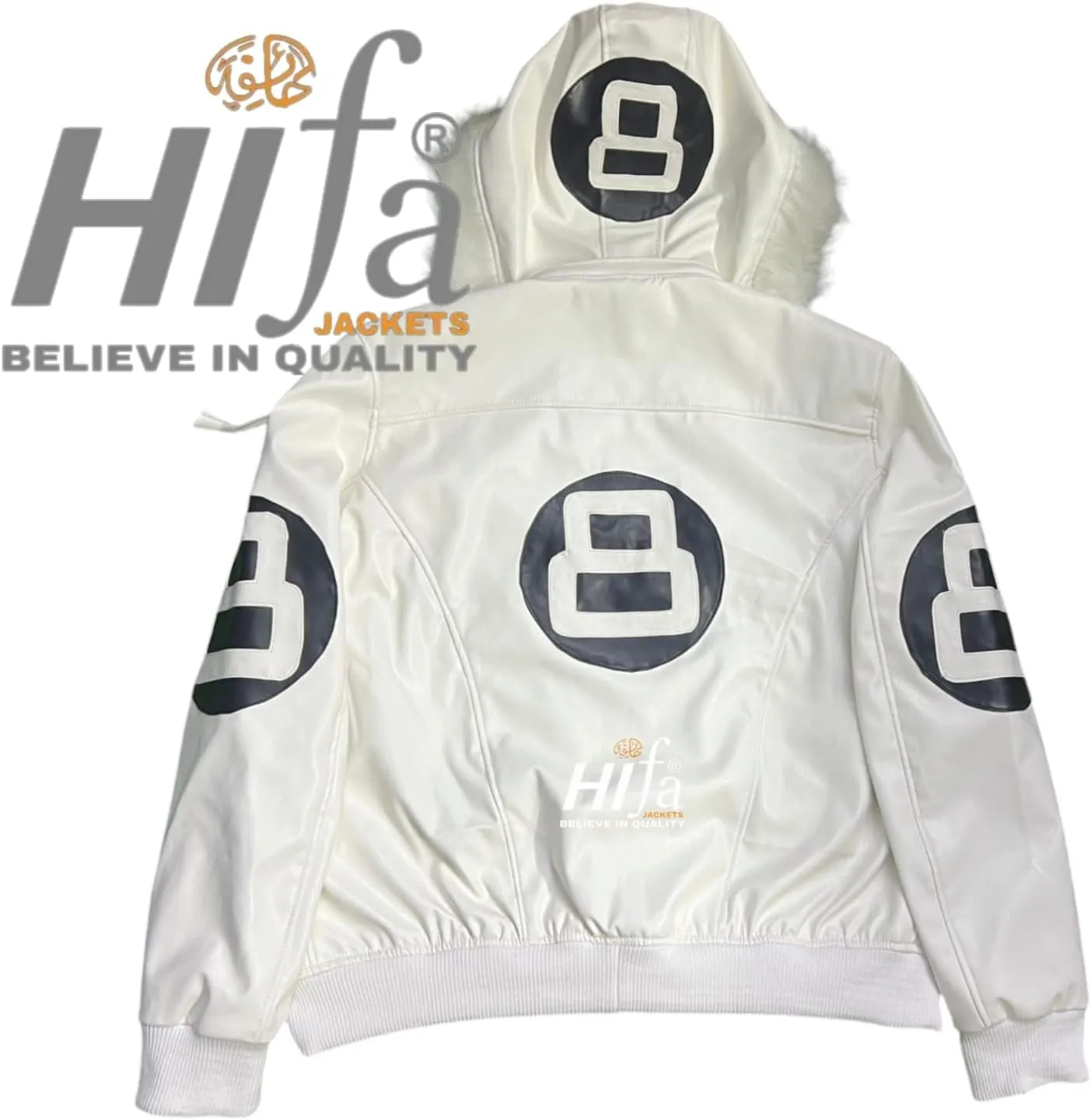 Men's Hifa Authentic 8 Ball Logo Pool Billiard Cue Bomber 90's Retro PU Faux Leather Jacket With Fur Hood