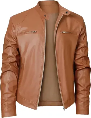 Mens Leather Jacket Fashion Stand Collar Zipper Coat Lightweight Casual Faux Leather Motorcycle Jacket