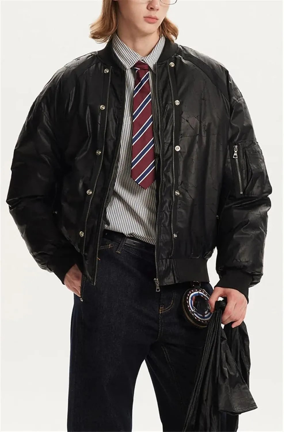 Men's PU Crack Leather Baseball Collar Jackets Solid Color Metal Design Casual Loose Padded Cotton Coat