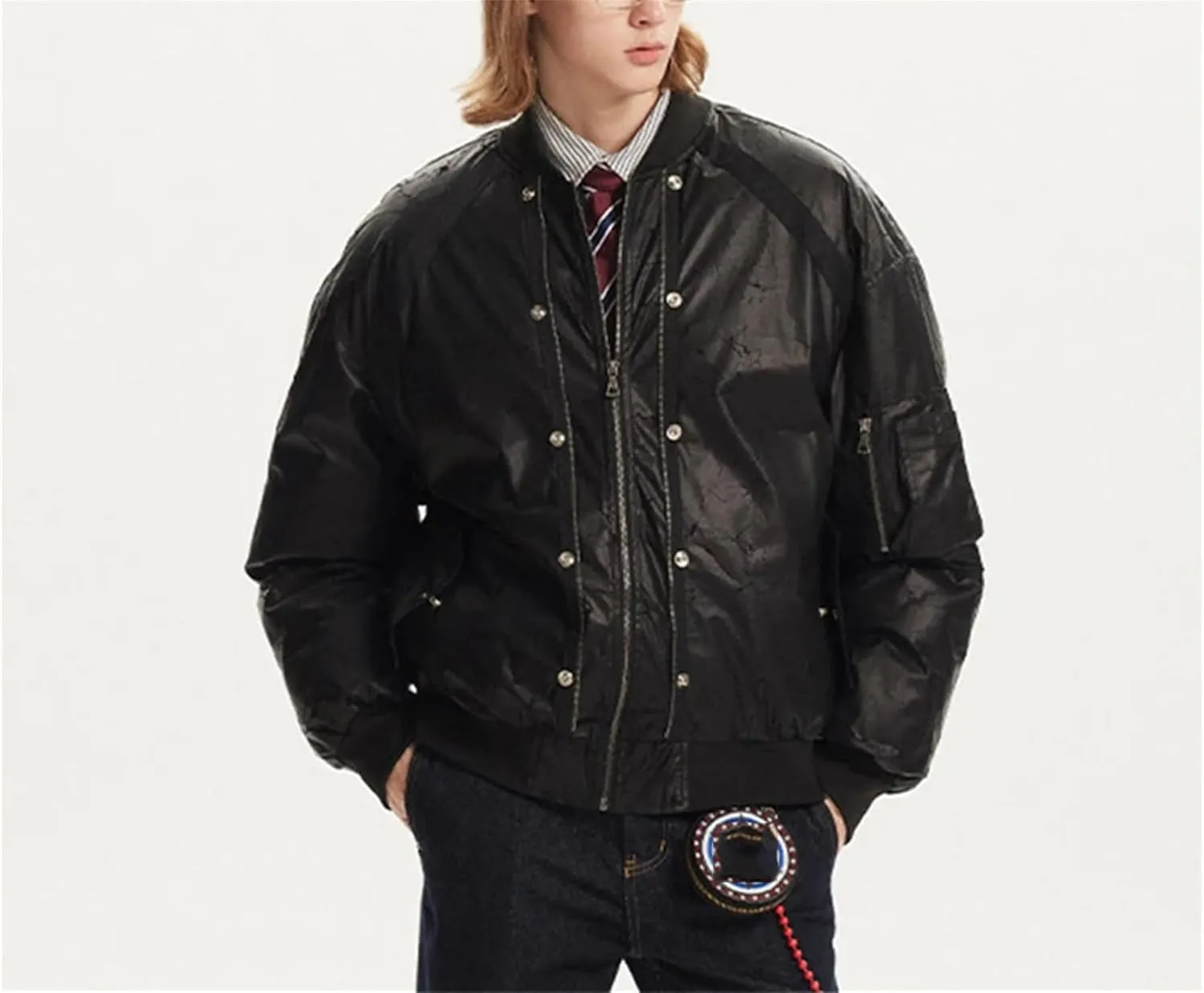 Men's PU Crack Leather Baseball Collar Jackets Solid Color Metal Design Casual Loose Padded Cotton Coat
