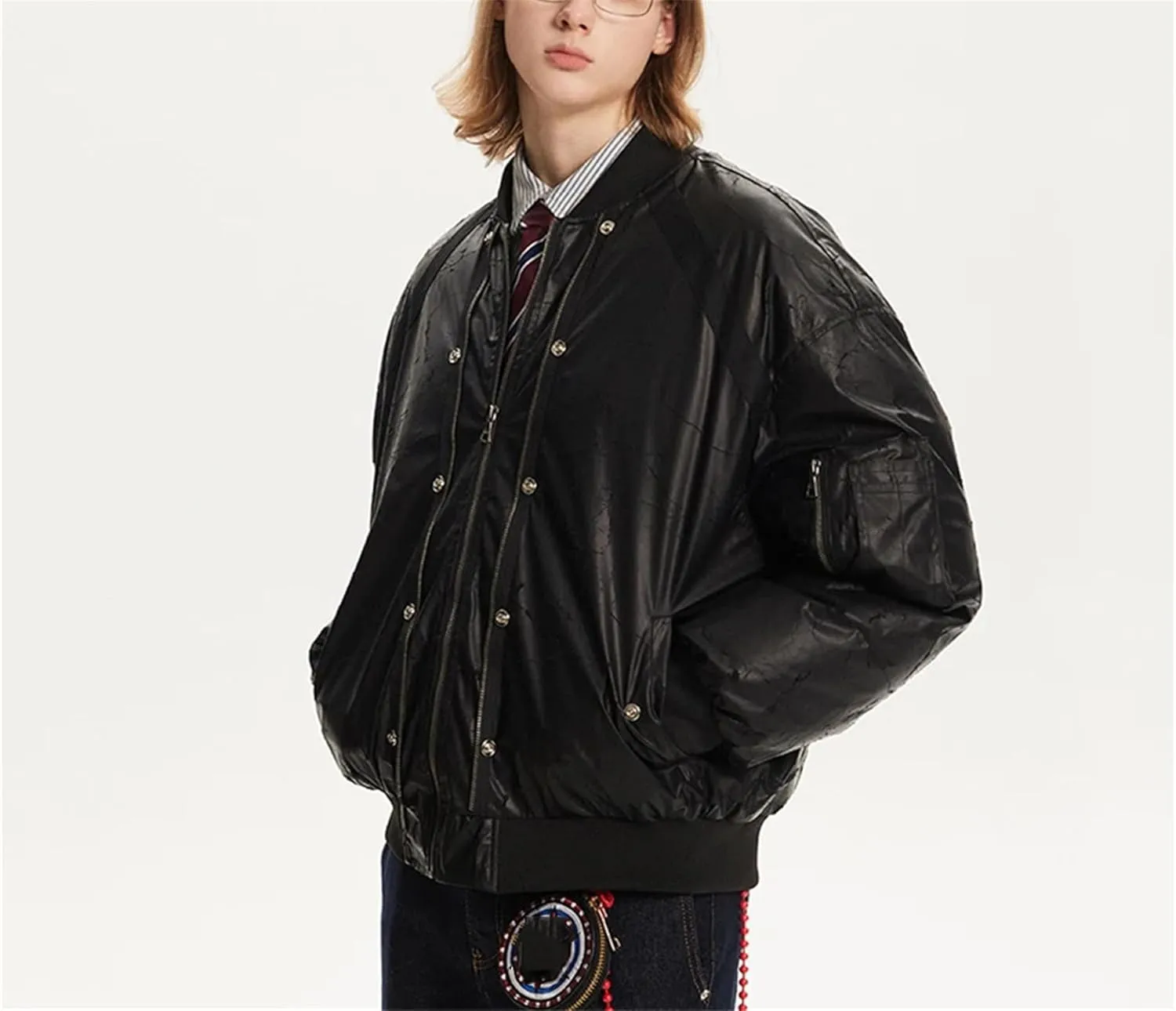 Men's PU Crack Leather Baseball Collar Jackets Solid Color Metal Design Casual Loose Padded Cotton Coat