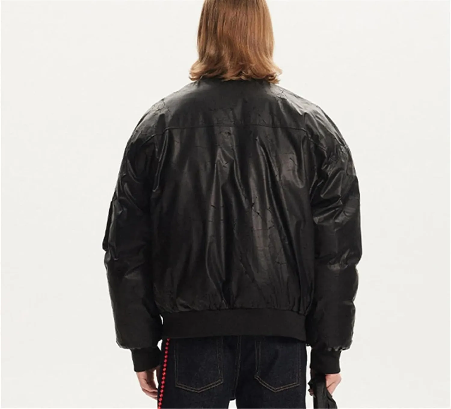 Men's PU Crack Leather Baseball Collar Jackets Solid Color Metal Design Casual Loose Padded Cotton Coat