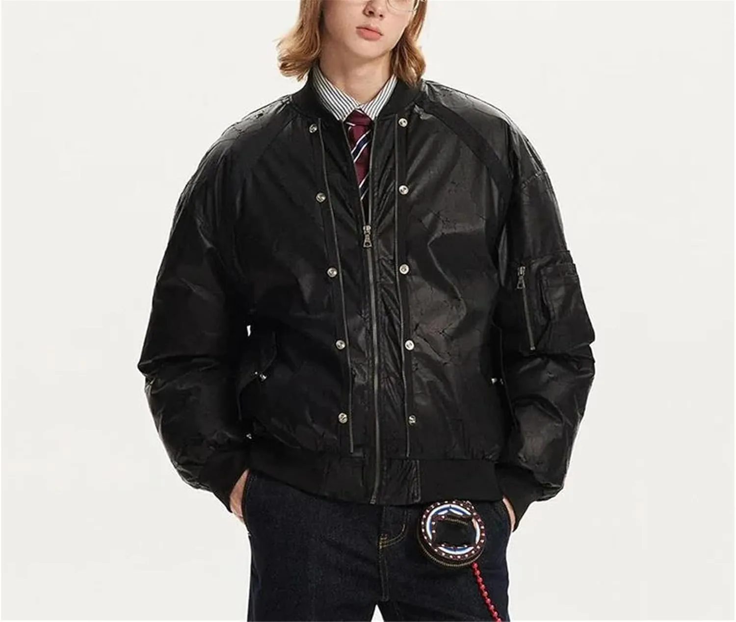 Men's PU Crack Leather Baseball Collar Jackets Solid Color Metal Design Casual Loose Padded Cotton Coat