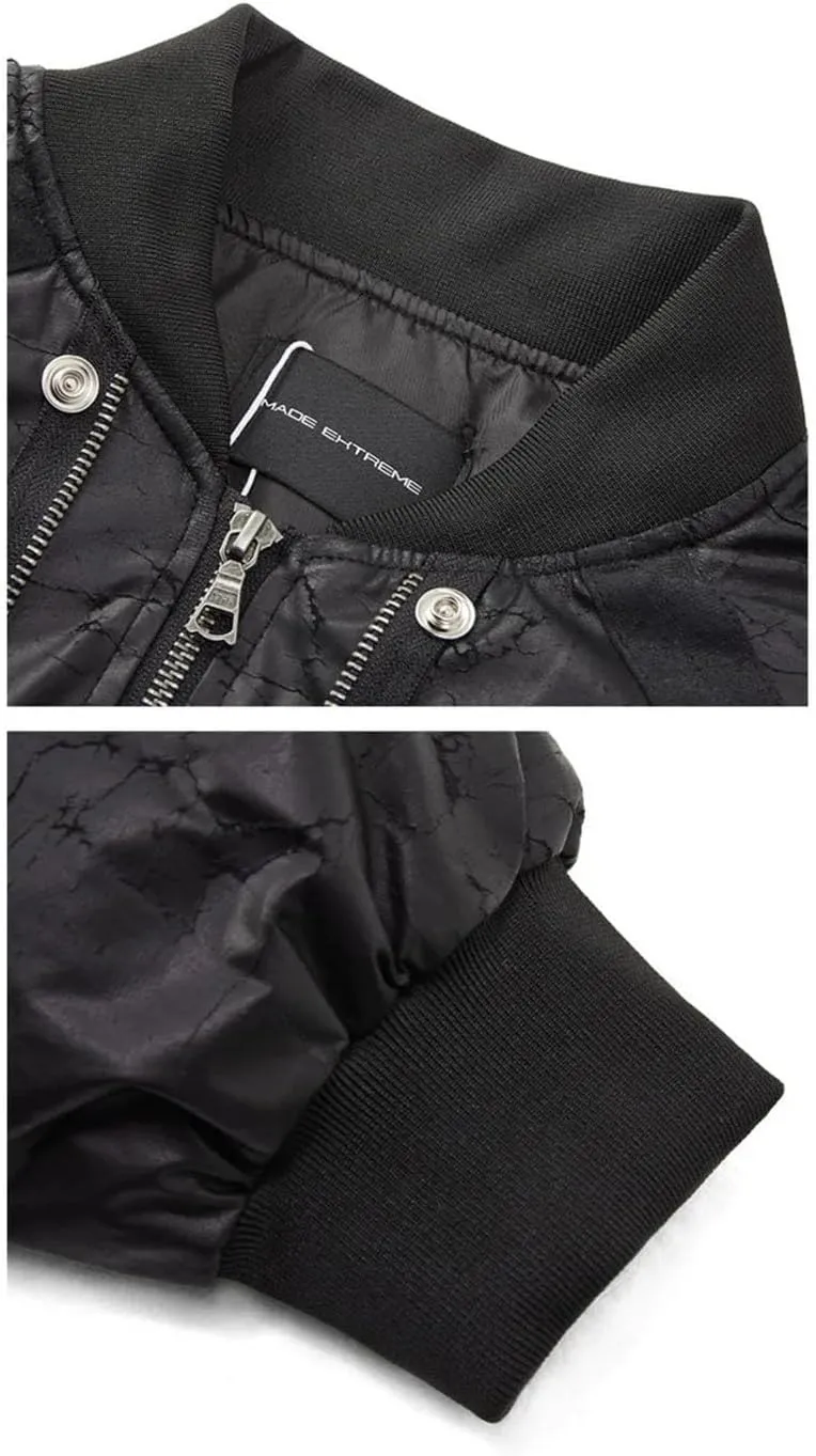 Men's PU Crack Leather Baseball Collar Jackets Solid Color Metal Design Casual Loose Padded Cotton Coat