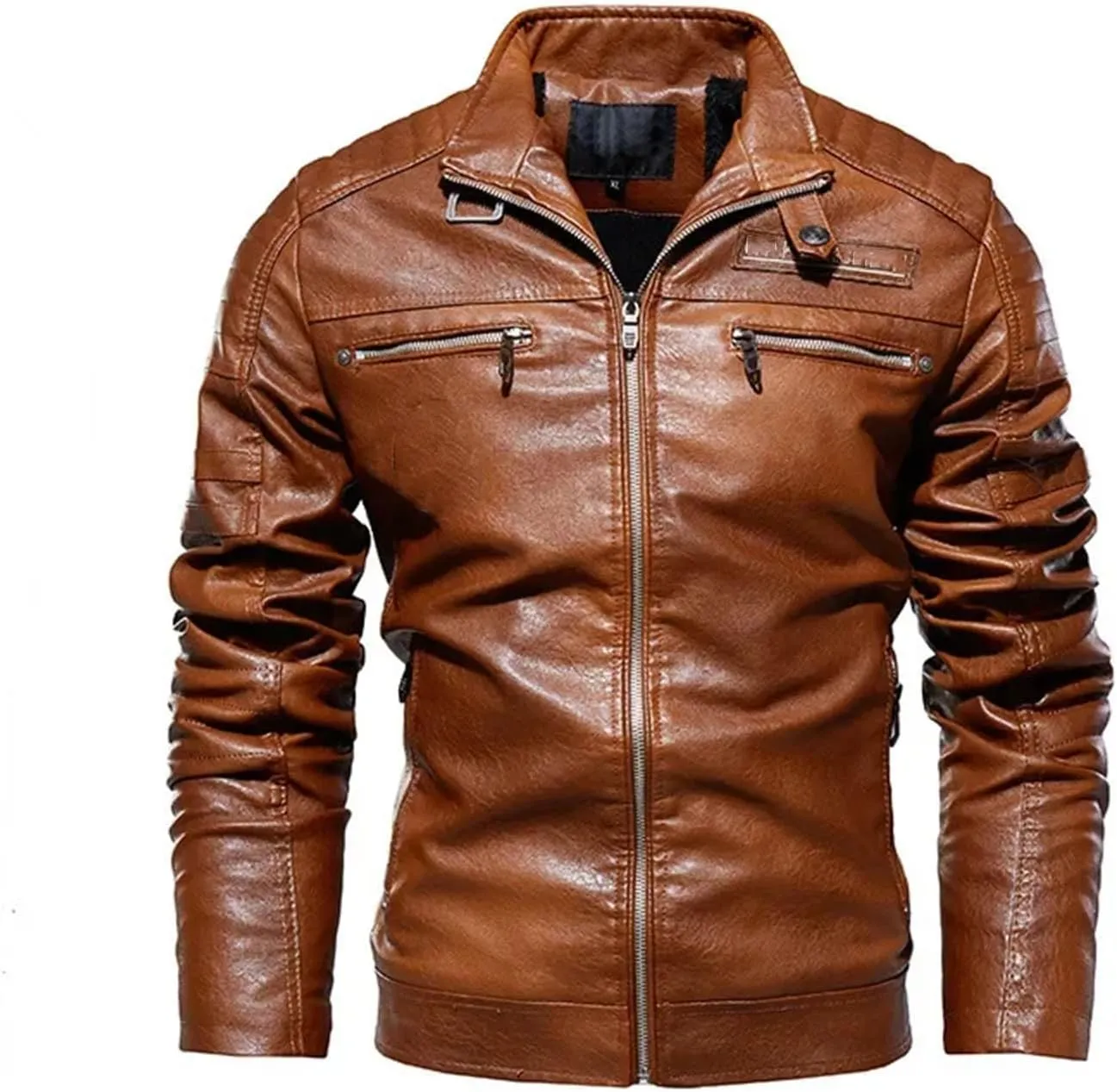 Men's Thermal Lined PU Leather Jacket Winter Motorcycle Coat Plus Solid Lapel Plush Outwear