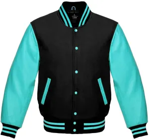 Men's Varsity Baseball Letterman Bomber Jacket Wool & Turquoise Genuine Leather Sleeves