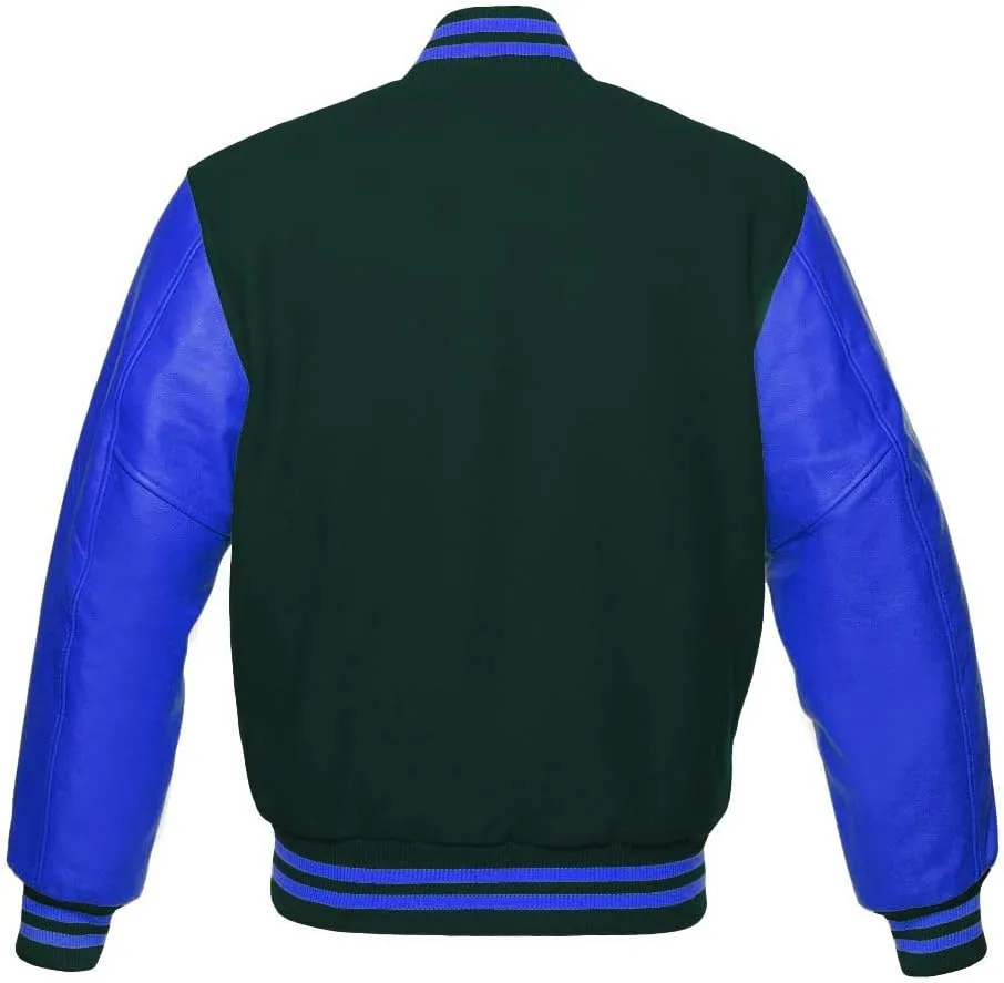 Men's Varsity Baseball Letterman Bomber Wool & Royal Blue Genuine Leather Sleeves D Logo Jacket