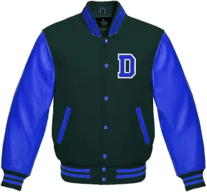 Men's Varsity Baseball Letterman Bomber Wool & Royal Blue Genuine Leather Sleeves D Logo Jacket