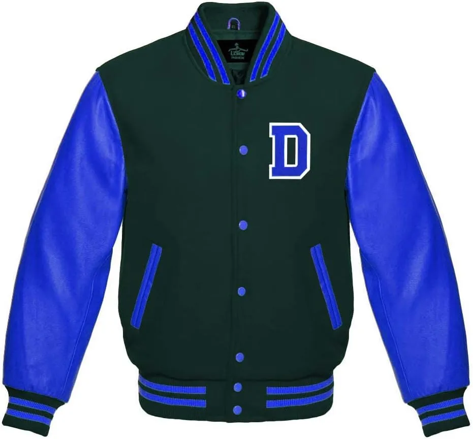 Men's Varsity Baseball Letterman Bomber Wool & Royal Blue Genuine Leather Sleeves D Logo Jacket