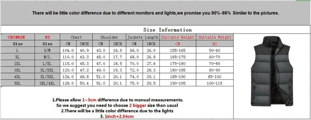 Men's Winter Cotton Padded Vest Coat Sleeveless Jacket Stand Collar Warm Waistcoat