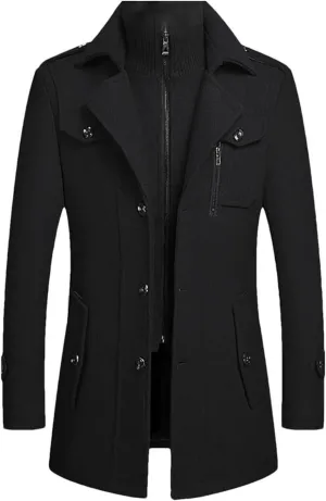 Men's Winter Wool Coats Fashion Middle Long Scarf Collar Cotton-Padded Thick Warm Woolen Jacket