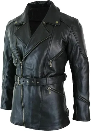 Mid Length Mens Genuine Cow Hide Leather Car Coat 3/4 Quarter Motorcycle Black Long Jacket - Winter Outerwear