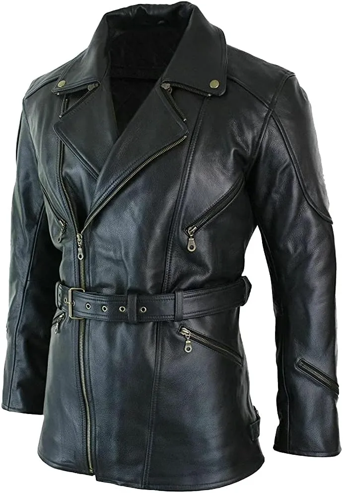 Mid Length Mens Genuine Cow Hide Leather Car Coat 3/4 Quarter Motorcycle Black Long Jacket - Winter Outerwear