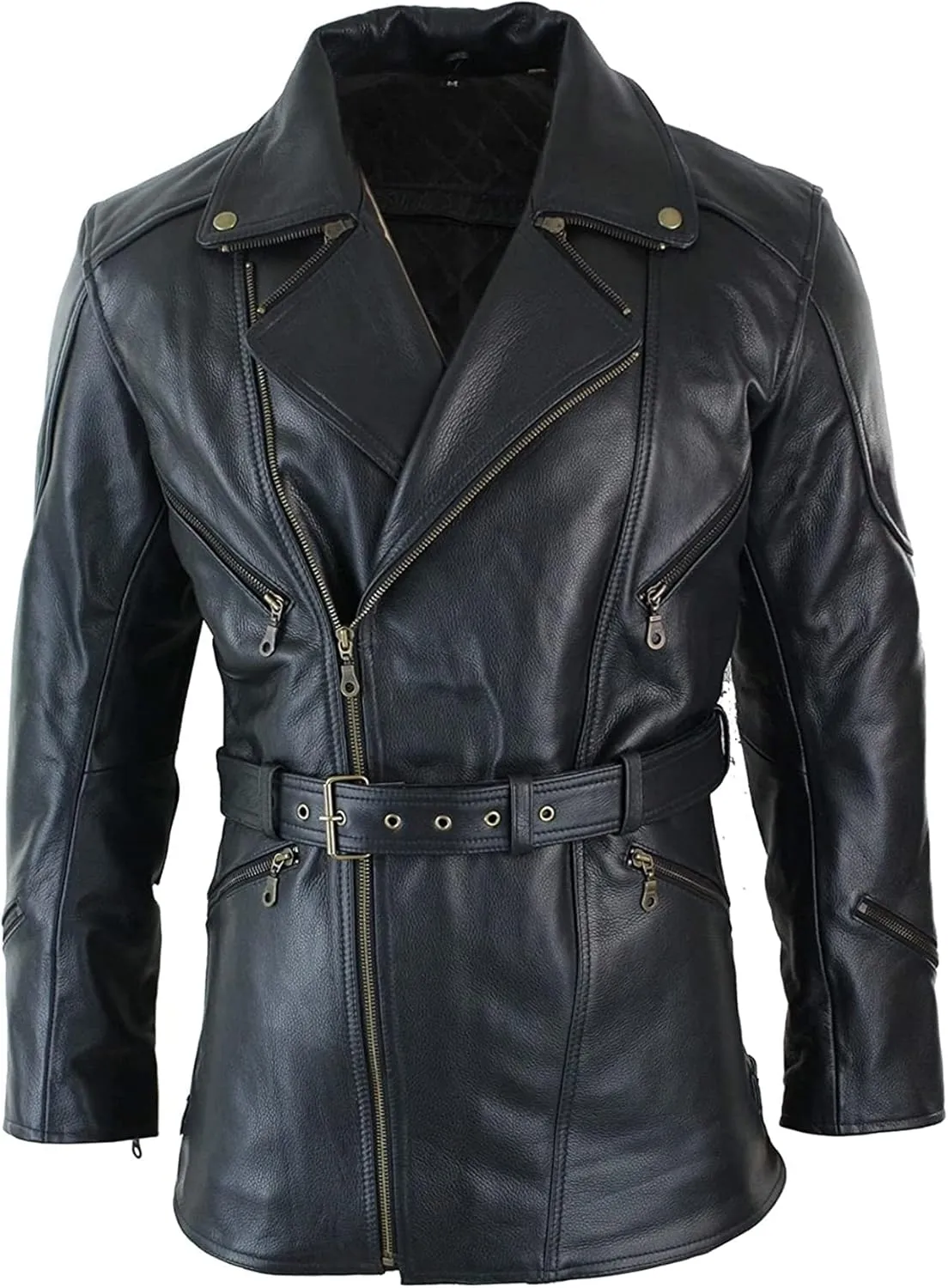 Mid Length Mens Genuine Cow Hide Leather Car Coat 3/4 Quarter Motorcycle Black Long Jacket - Winter Outerwear