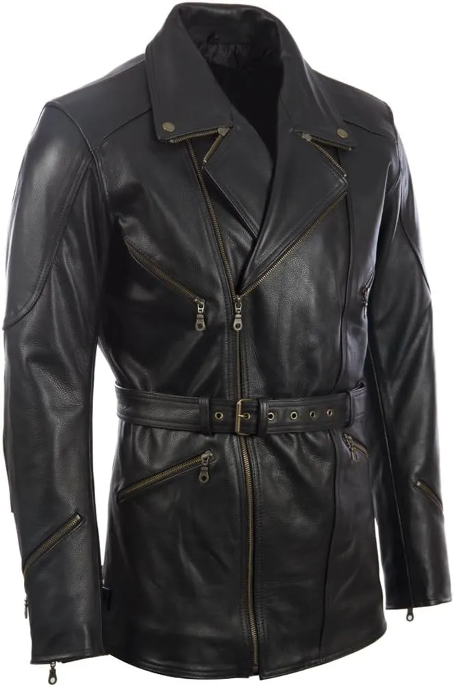 Mid Length Mens Genuine Cow Hide Leather Car Coat 3/4 Quarter Motorcycle Black Long Jacket - Winter Outerwear