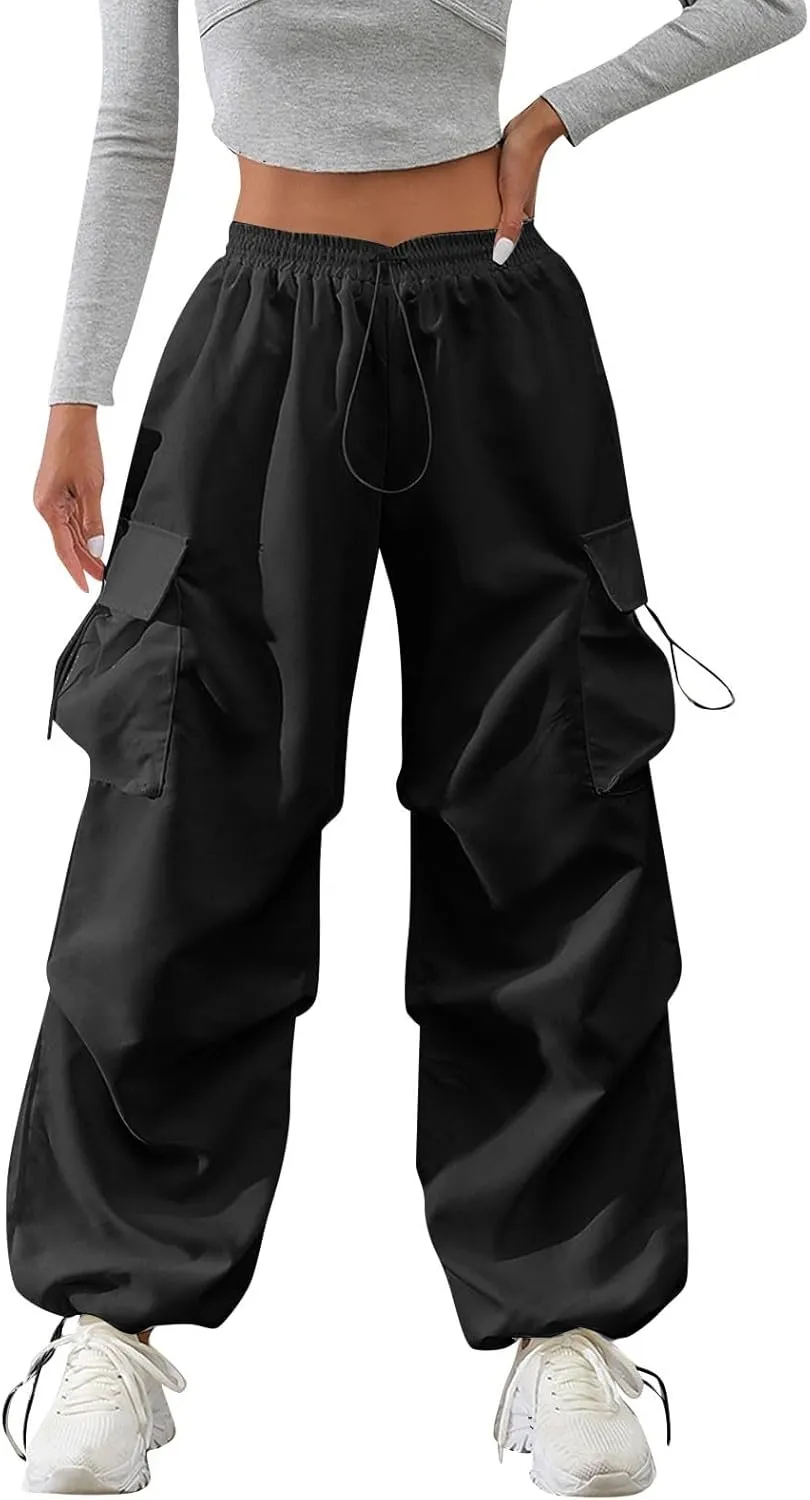midelxp Baggy Cargo Pants Women Lightweight High Waisted Parachute Pants with Pockets Outdoor Hiking Pants Y2k Streetwear