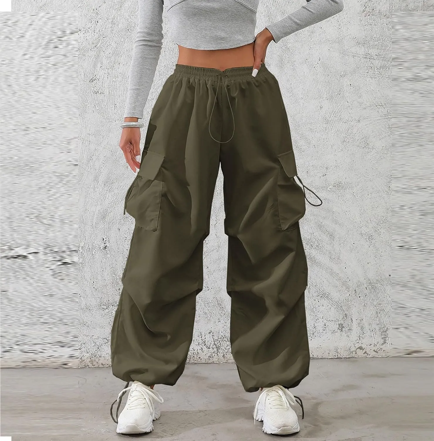 midelxp Baggy Cargo Pants Women Lightweight High Waisted Parachute Pants with Pockets Outdoor Hiking Pants Y2k Streetwear