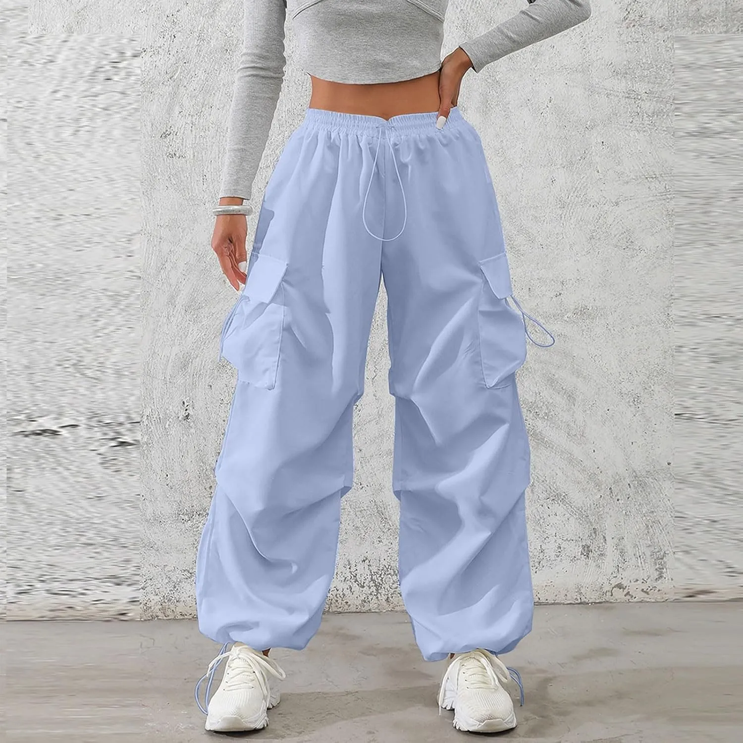 midelxp Baggy Cargo Pants Women Lightweight High Waisted Parachute Pants with Pockets Outdoor Hiking Pants Y2k Streetwear