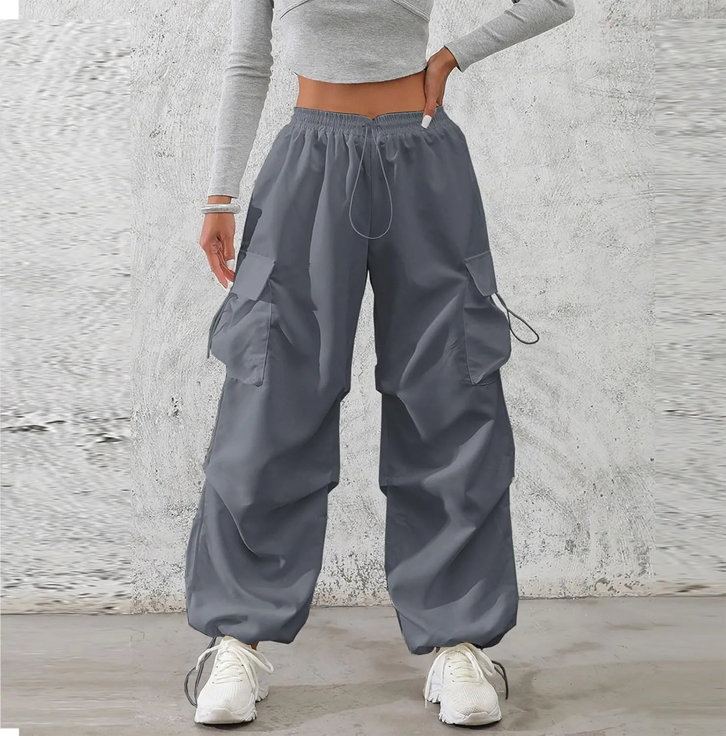 midelxp Baggy Cargo Pants Women Lightweight High Waisted Parachute Pants with Pockets Outdoor Hiking Pants Y2k Streetwear