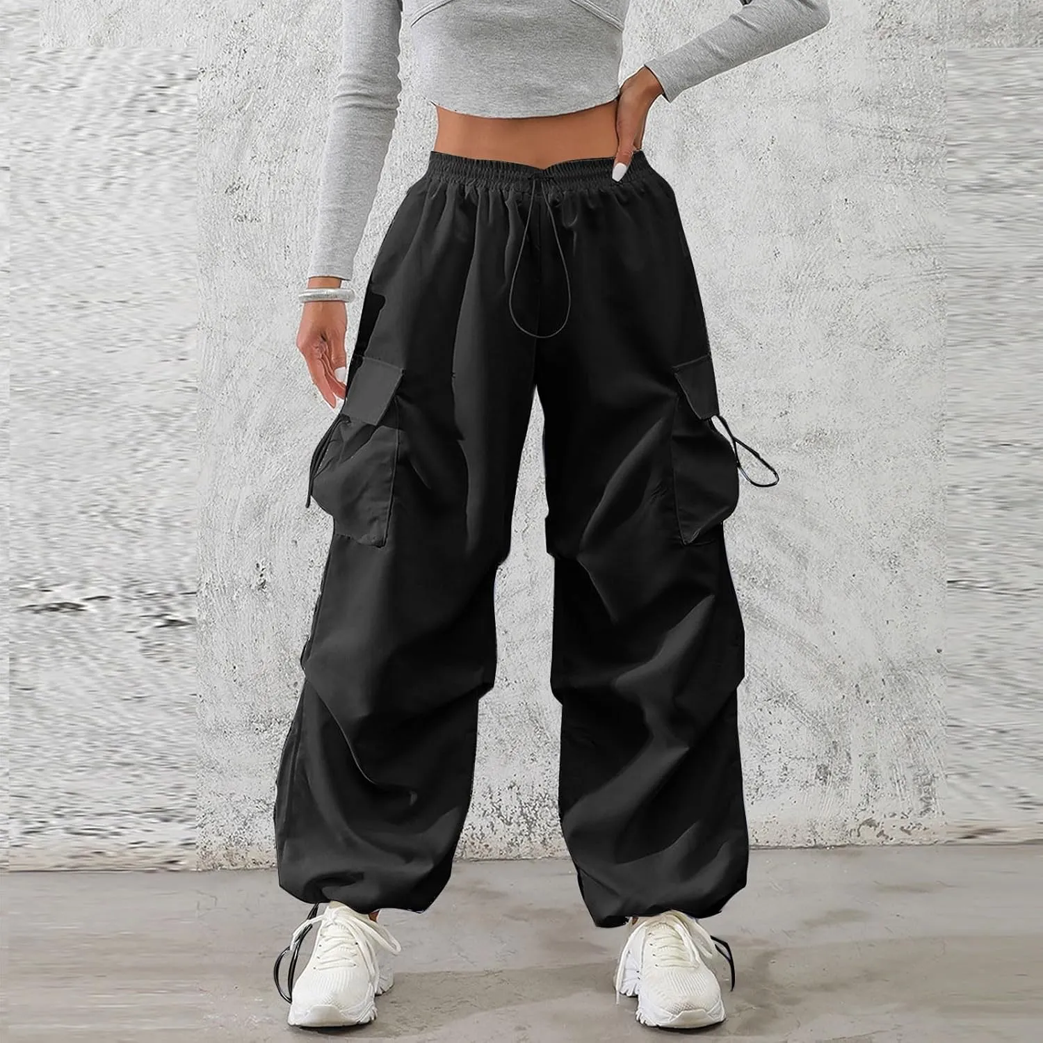 midelxp Baggy Cargo Pants Women Lightweight High Waisted Parachute Pants with Pockets Outdoor Hiking Pants Y2k Streetwear