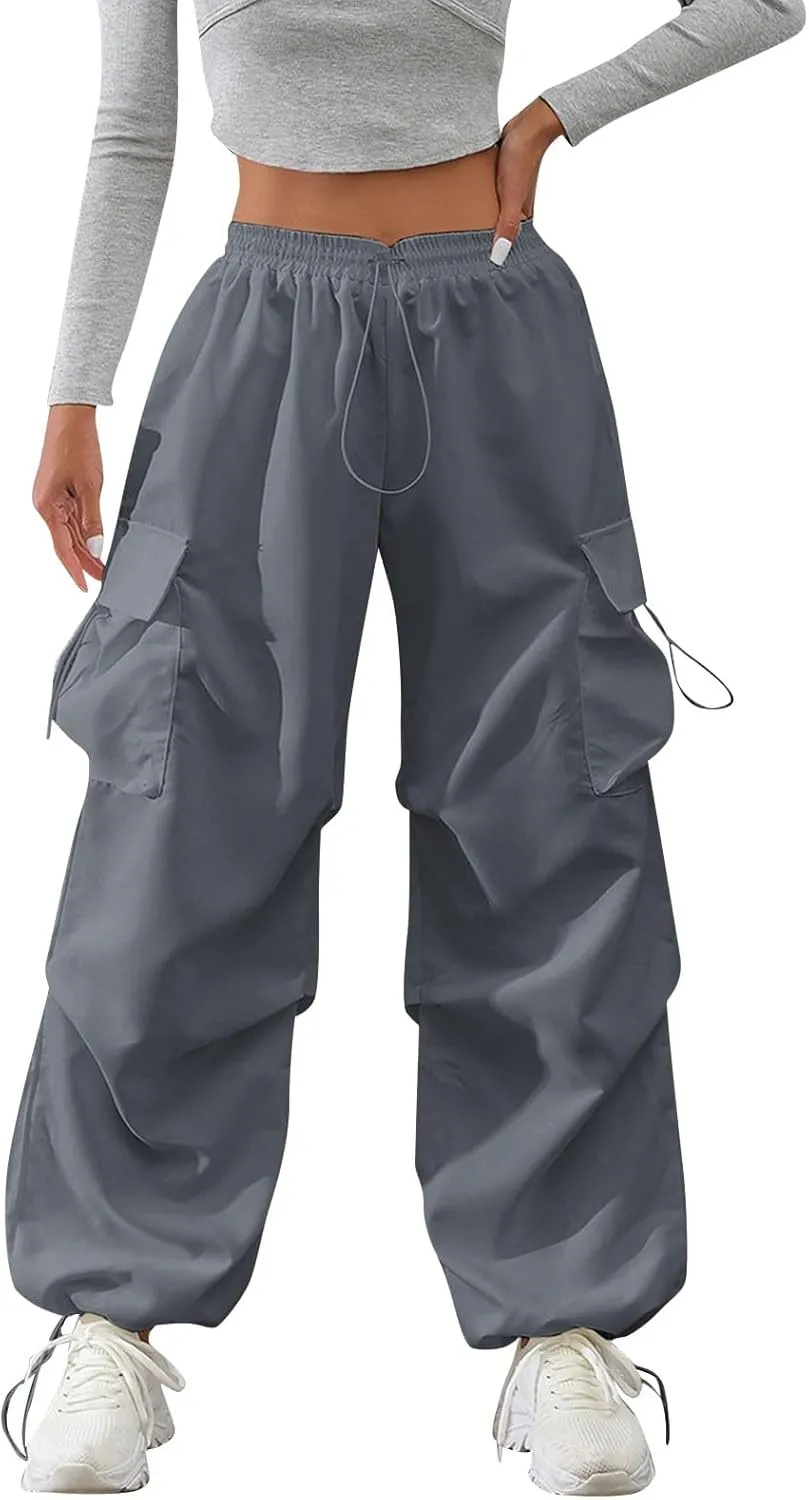 midelxp Baggy Cargo Pants Women Lightweight High Waisted Parachute Pants with Pockets Outdoor Hiking Pants Y2k Streetwear