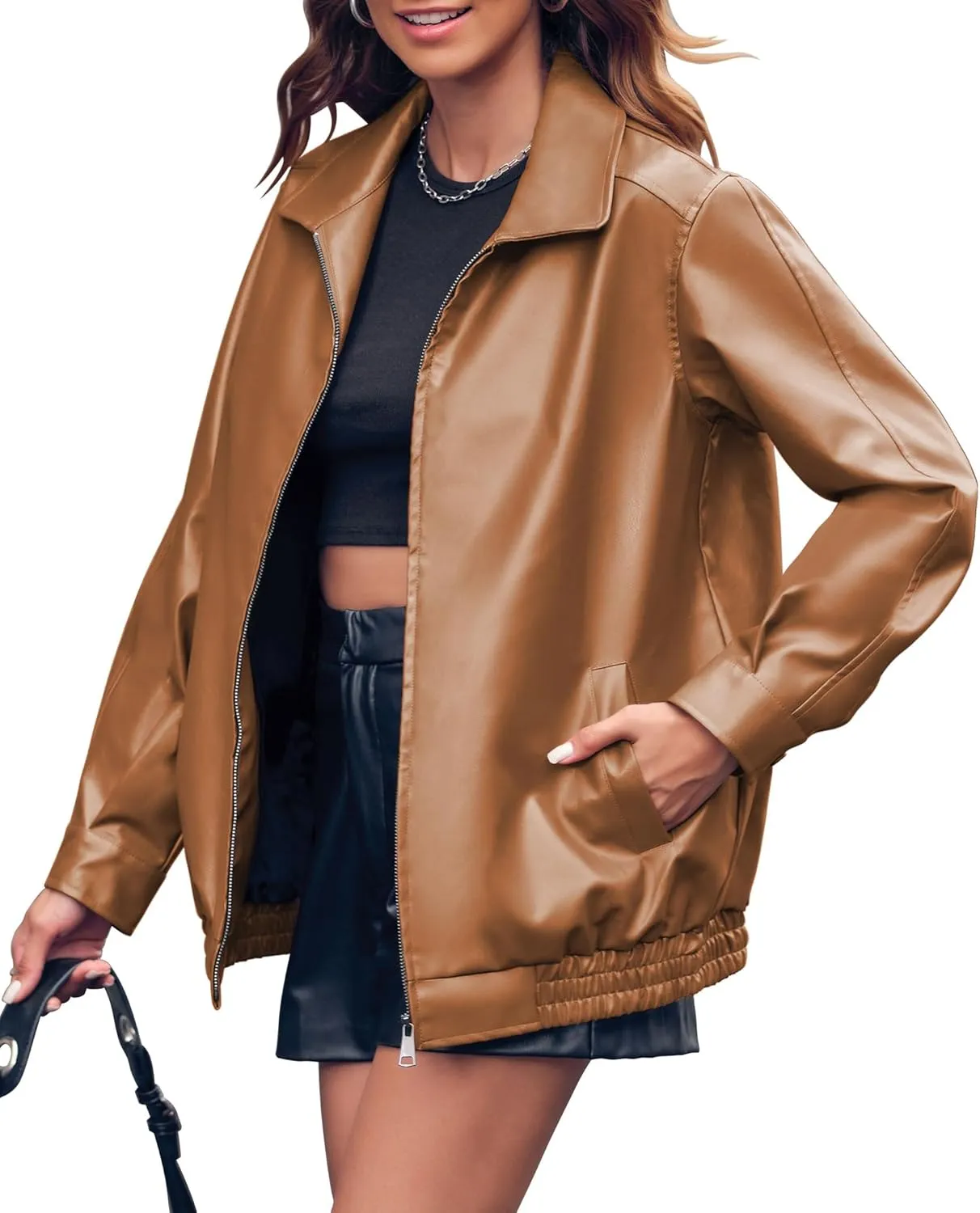 Miladusa Womens Oversized Leather Jackets Faux Casual Zip Up Trendy Bomber Motorcycle Jacket with Pockets S-XL