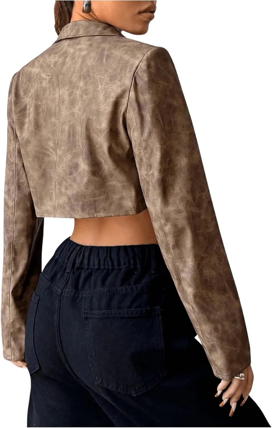 Milumia Women's Faux Leather Jacket Vintage Long Sleeve Lapel Neck Crop Outerwear