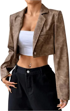 Milumia Women's Faux Leather Jacket Vintage Long Sleeve Lapel Neck Crop Outerwear