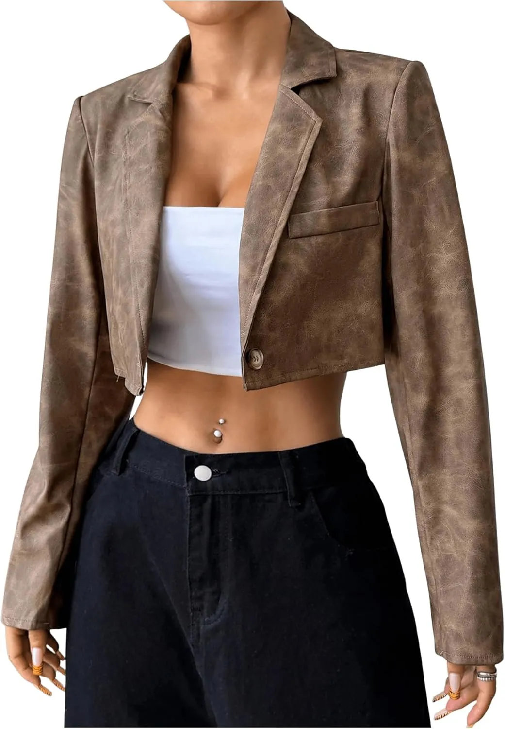 Milumia Women's Faux Leather Jacket Vintage Long Sleeve Lapel Neck Crop Outerwear